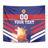Close-up football tapestry showing '00' and 'YOUR TEXT' across blue and red stripes