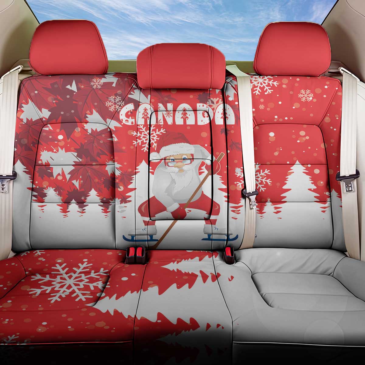 Canada Christmas Back Car Seat Cover Santa Play Hockey - Winter Forest