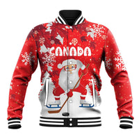 Red unisex baseball jacket with button front, ribbed trim, Canada Santa hockey graphic