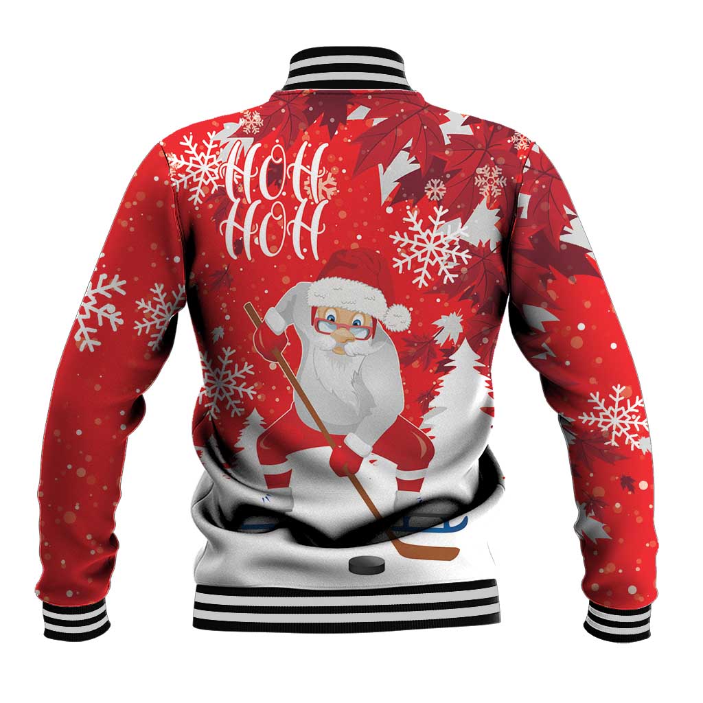 Red unisex baseball jacket with ribbed collar, button front, back Santa hockey 'HO HO HO'