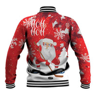 Red unisex baseball jacket with ribbed collar, button front, back Santa hockey 'HO HO HO'
