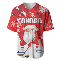 Red Christmas baseball jersey with Santa and snowflake print, Canada lettering on front