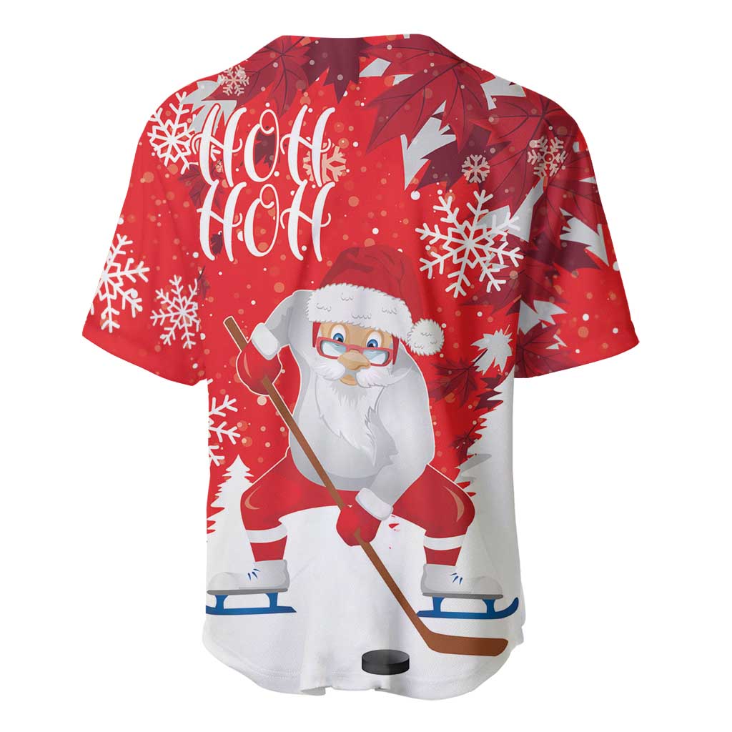 Red Christmas baseball jersey with Santa, 'HO HO HO' text and snowflakes on back