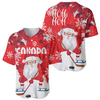 Red Christmas baseball jersey showing front and back with Santa and snowflake print