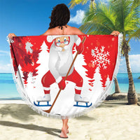 Red round beach blanket with Santa and “Canada” print, white fringes