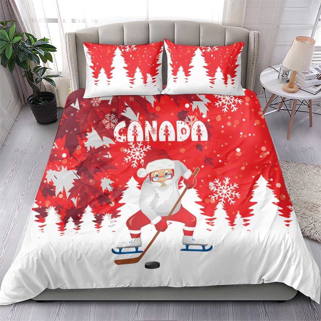 Red Christmas bedding set on bed with Santa hockey duvet, Canada lettering, and two pillows