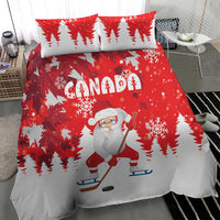 Red Christmas bedding set with Santa hockey duvet and tree print pillows, Canada text centered