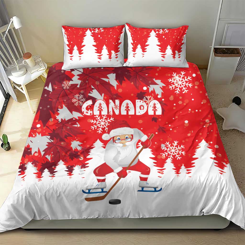Red Christmas bedding set with Santa hockey design, snowy trees, and two matching pillows
