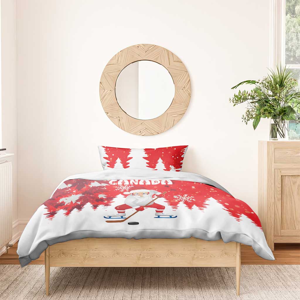 Red Christmas bedding set with Santa hockey duvet and pillow, snowy tree pattern on bed