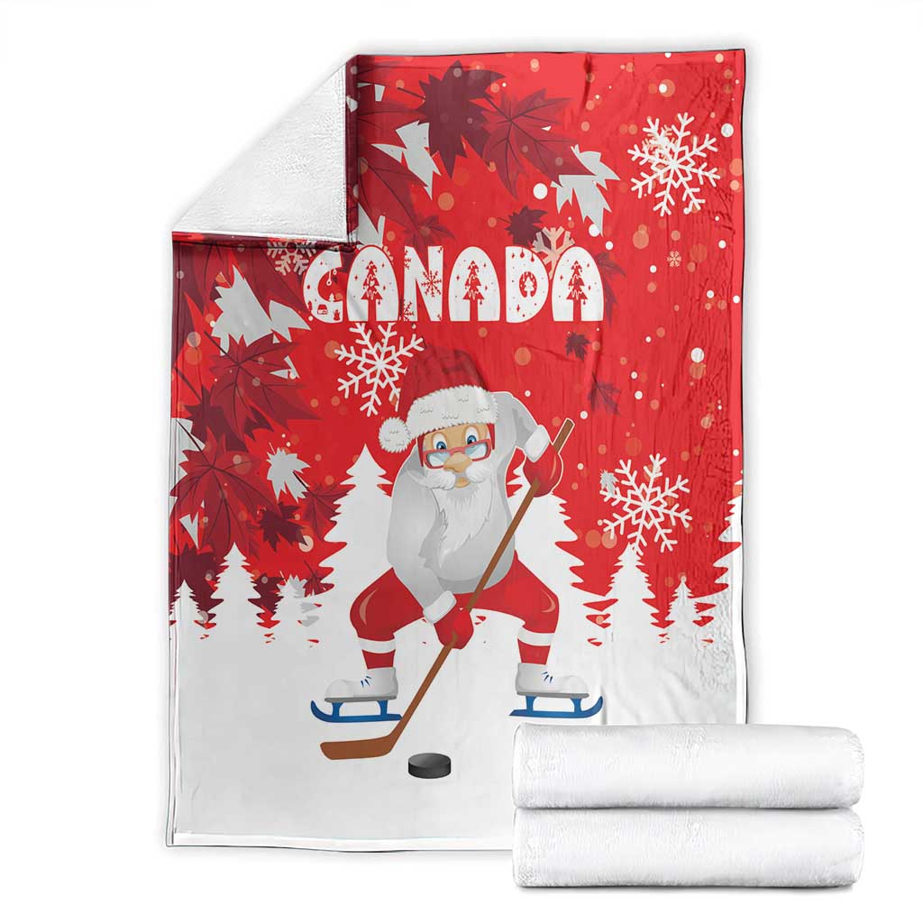 Red-and-white Canada-themed Christmas blanket with Santa hockey scene and snowflake print
