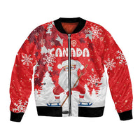 Red unisex bomber jacket with zip front, black ribbed cuffs, Canada and hockey Santa graphic