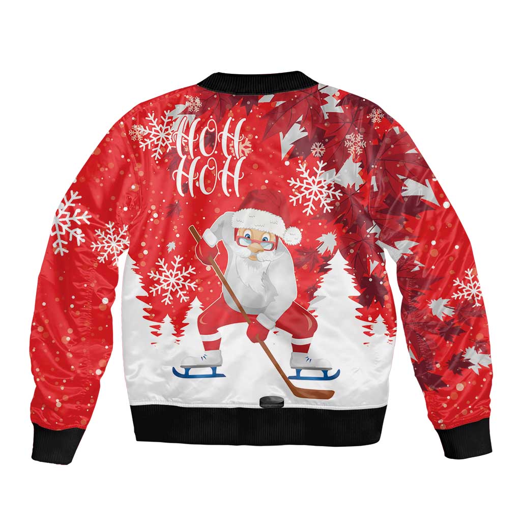 Red unisex bomber jacket with zip front, black ribbed hem, Santa playing hockey among snowflakes
