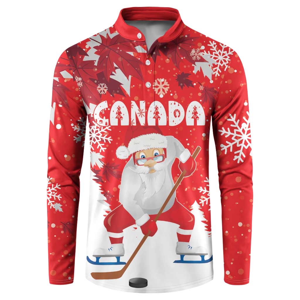 Red button-front sweatshirt with Santa playing hockey and snowflake graphic