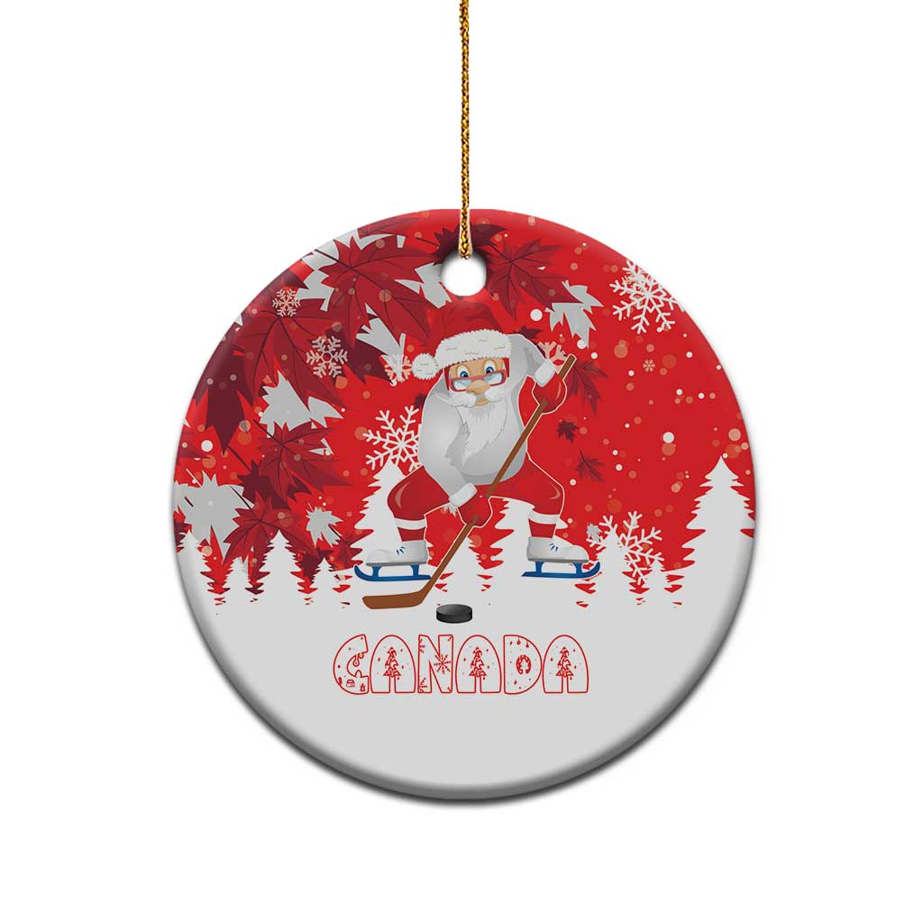 Red round ceramic Santa hockey Christmas ornament with Canada graphic, hanging gold string