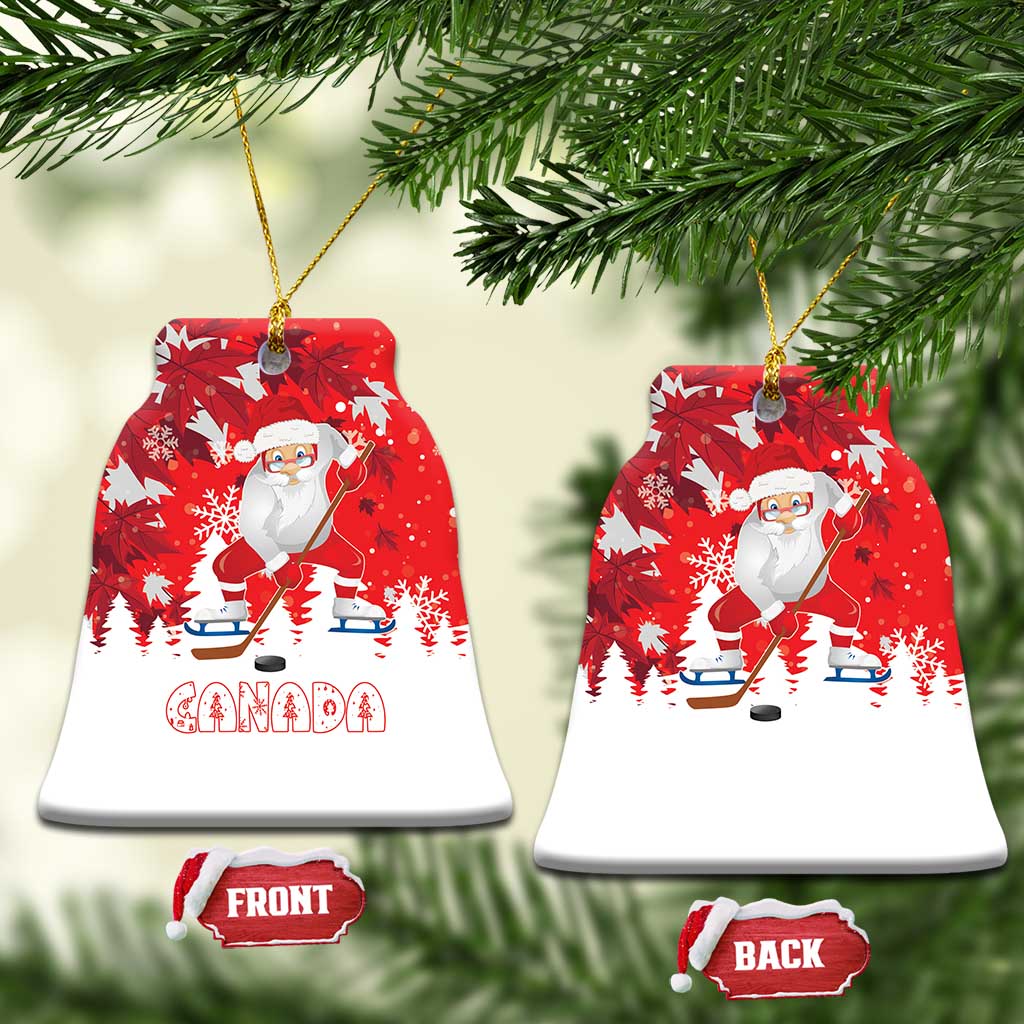 Red bell-shaped ceramic Santa hockey Christmas ornament with Canada graphic, front/back tags