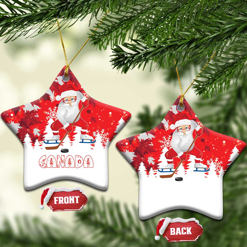 Red star-shaped ceramic Santa hockey Christmas ornaments with Canada graphic, front/back tags