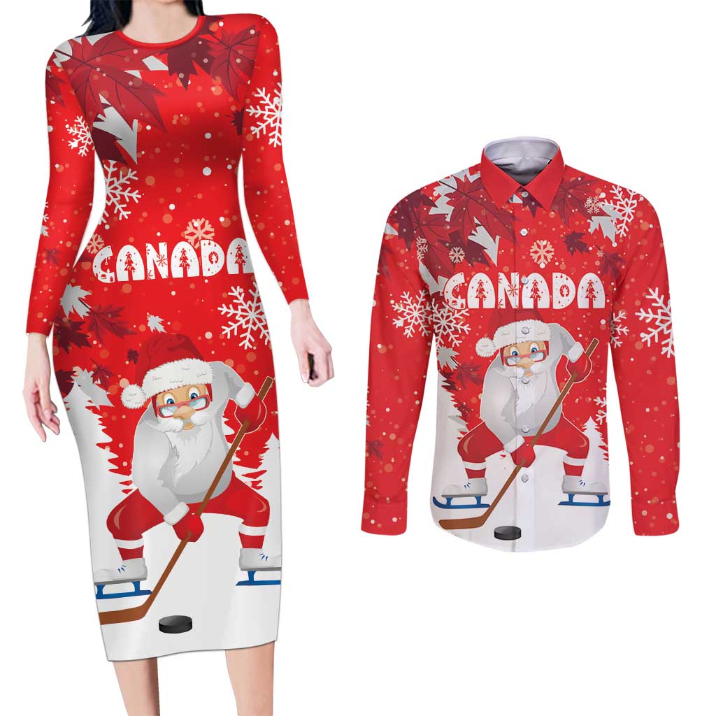 Canada Christmas Couples Matching Long Sleeve Bodycon Dress and Long Sleeve Button Shirt Santa Play Hockey - Winter Forest - Wonder Print Shop