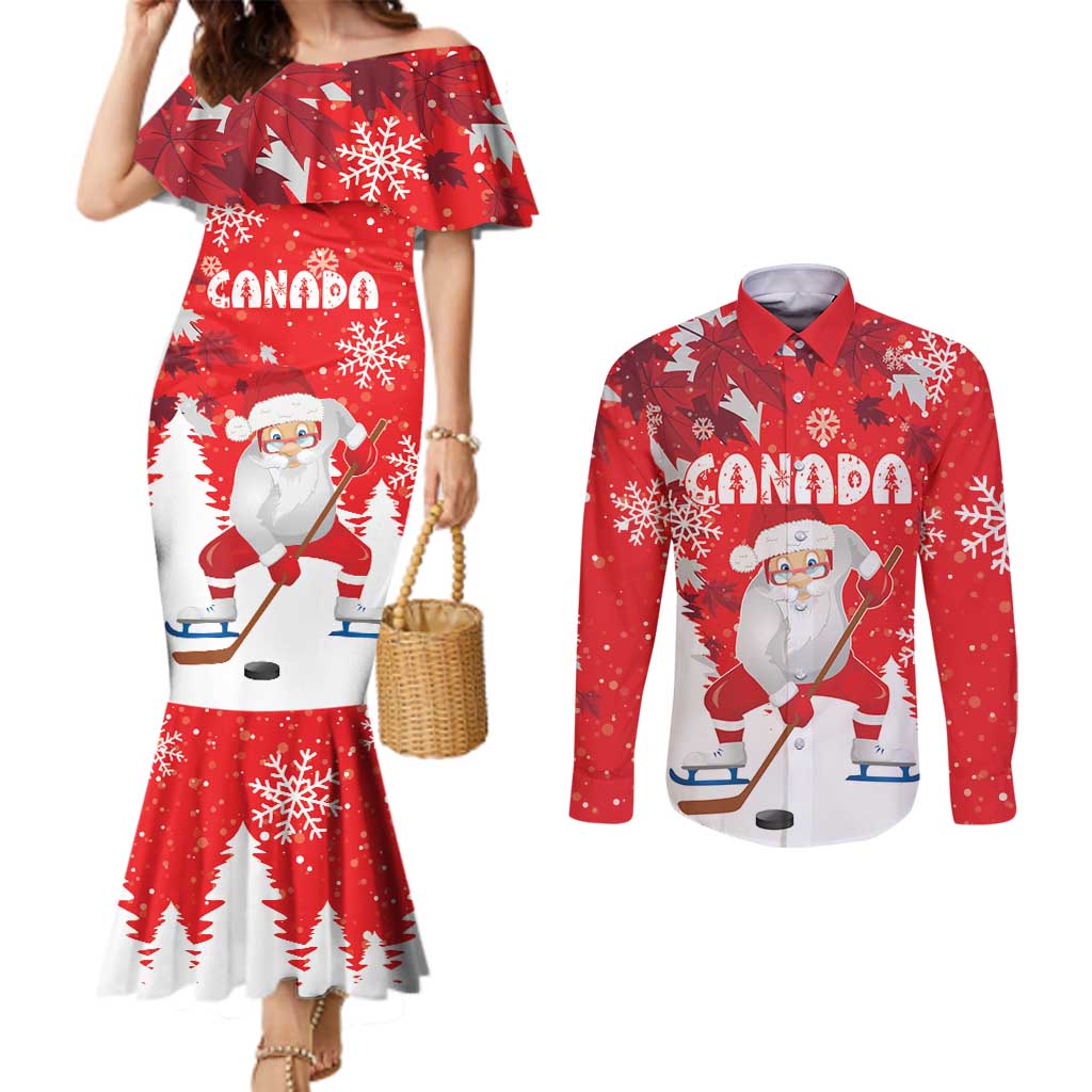 Canada Christmas Couples Matching Mermaid Dress and Long Sleeve Button Shirt Santa Play Hockey - Winter Forest