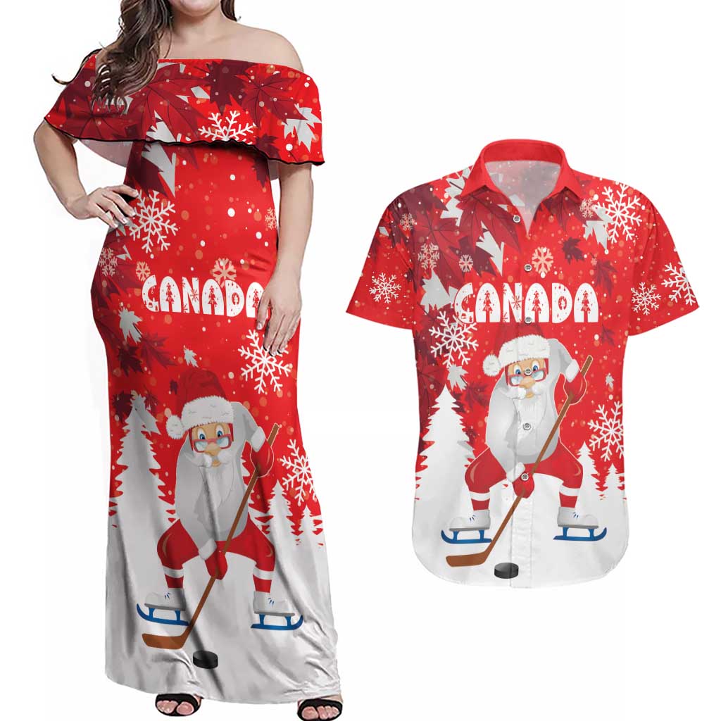 Canada Christmas Couples Matching Off Shoulder Maxi Dress and Hawaiian Shirt Santa Play Hockey - Winter Forest - Wonder Print Shop