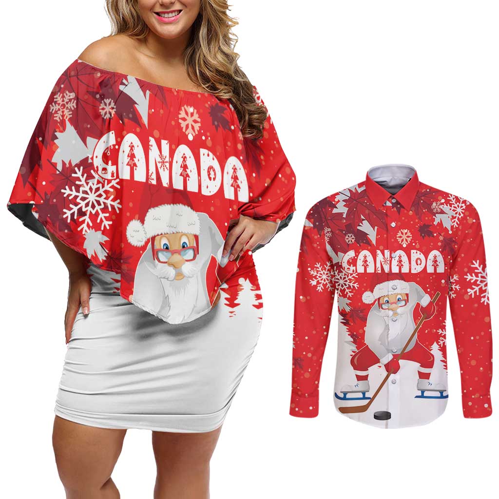 Canada Christmas Couples Matching Off Shoulder Short Dress and Long Sleeve Button Shirt Santa Play Hockey - Winter Forest - Wonder Print Shop