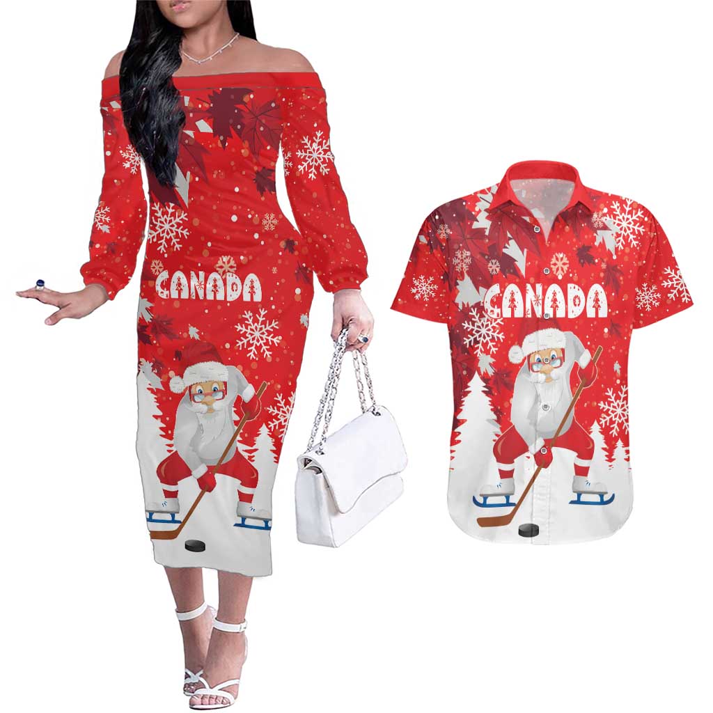 Canada Christmas Couples Matching Off The Shoulder Long Sleeve Dress and Hawaiian Shirt Santa Play Hockey - Winter Forest - Wonder Print Shop