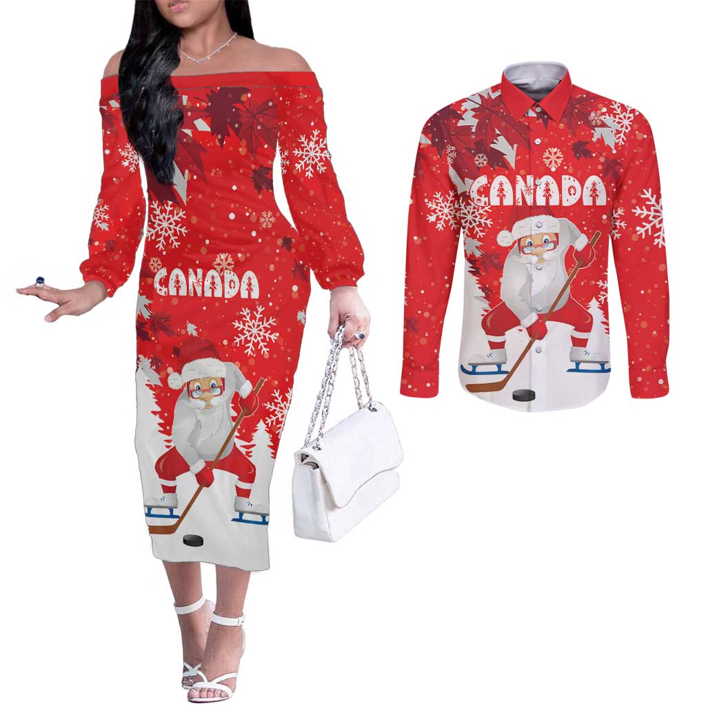 Canada Christmas Couples Matching Off The Shoulder Long Sleeve Dress and Long Sleeve Button Shirt Santa Play Hockey - Winter Forest