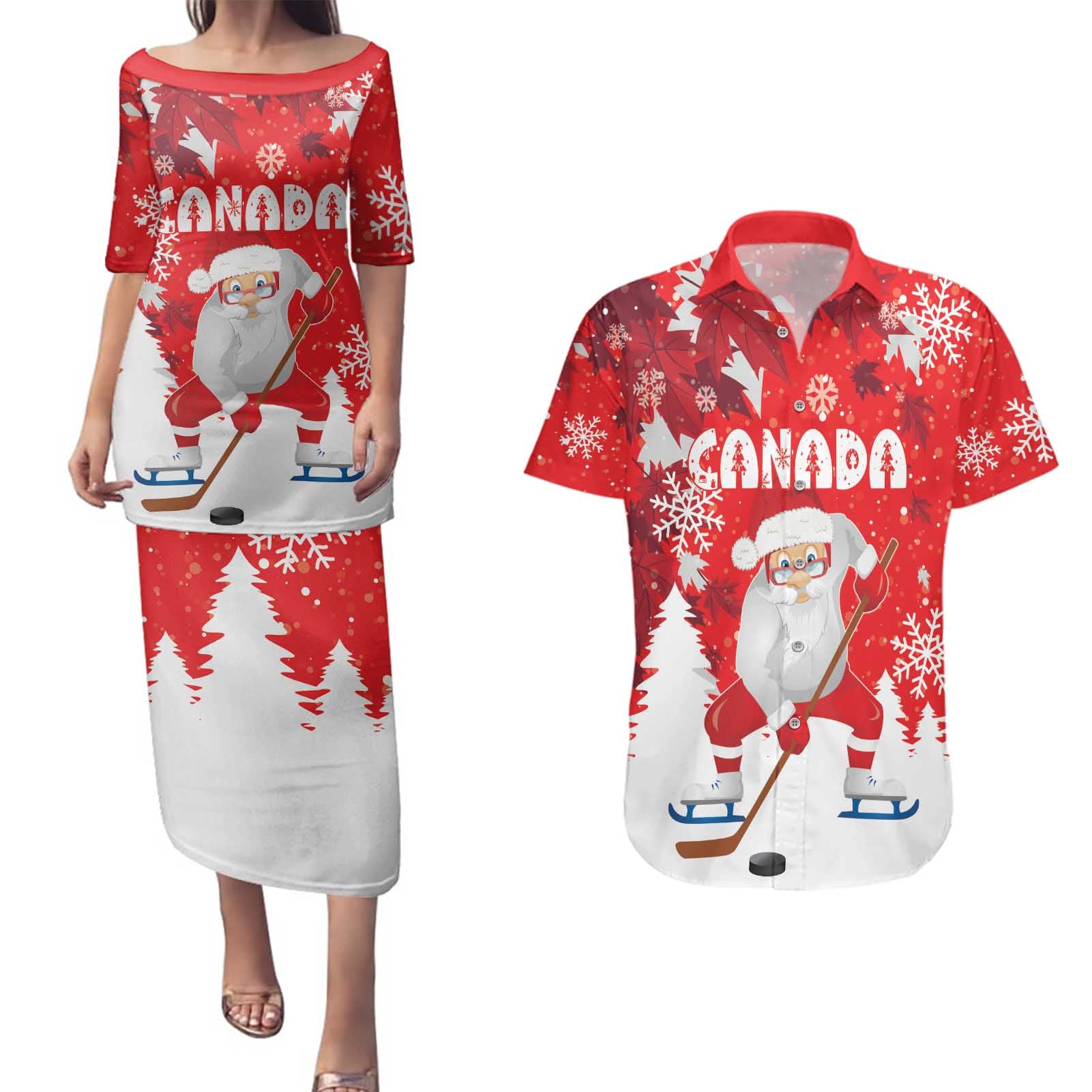 Canada Christmas Couples Matching Puletasi and Hawaiian Shirt Santa Play Hockey - Winter Forest - Wonder Print Shop