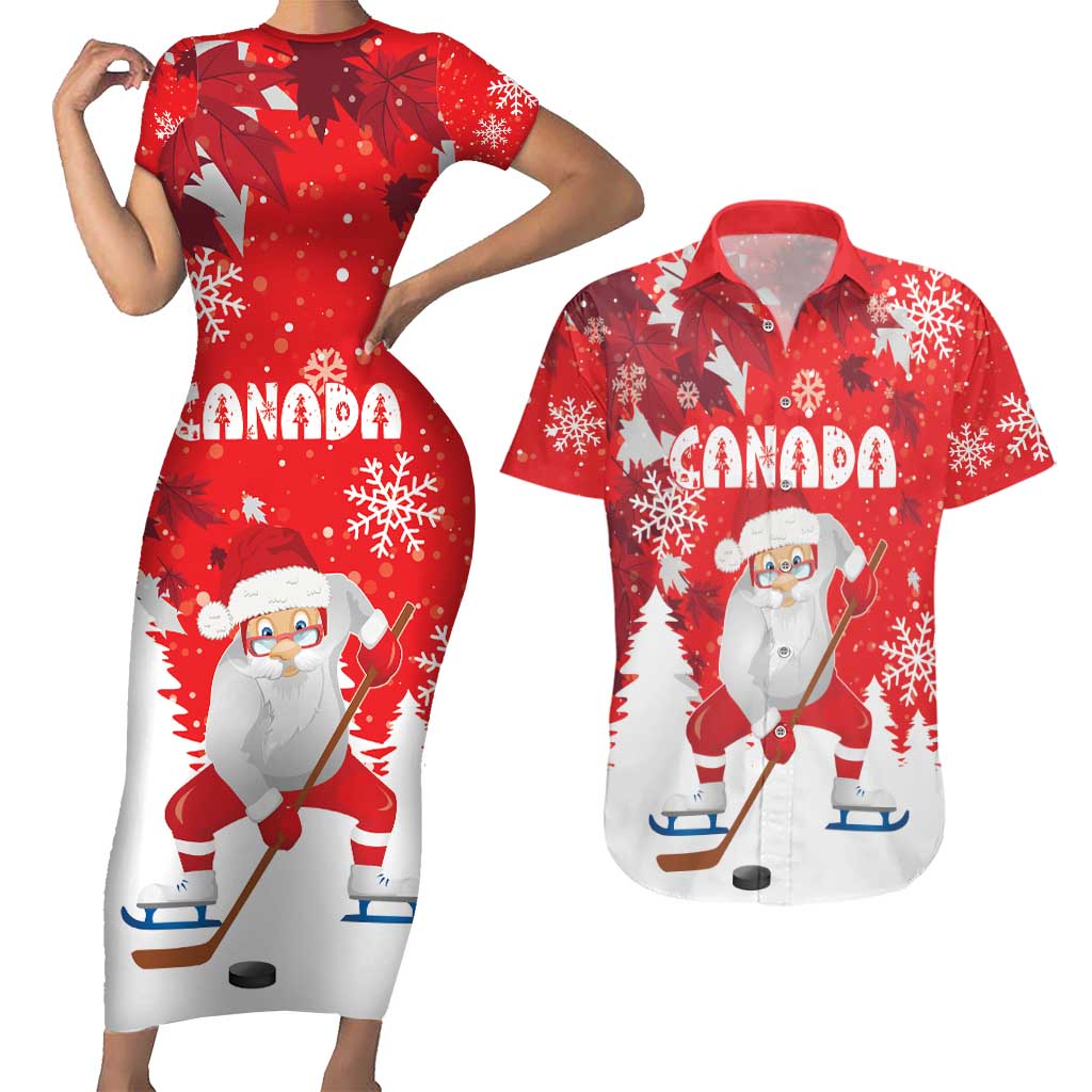 Canada Christmas Couples Matching Short Sleeve Bodycon Dress and Hawaiian Shirt Santa Play Hockey - Winter Forest - Wonder Print Shop