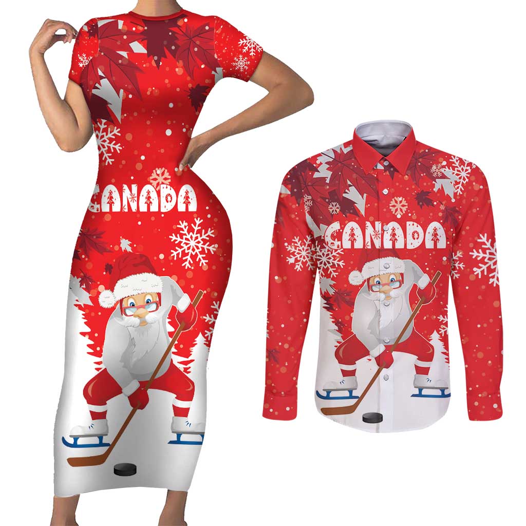 Canada Christmas Couples Matching Short Sleeve Bodycon Dress and Long Sleeve Button Shirt Santa Play Hockey - Winter Forest - Wonder Print Shop