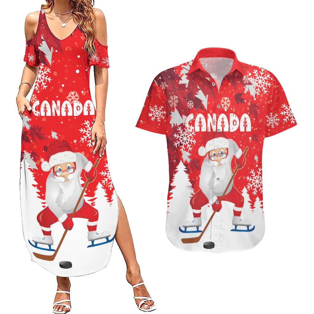 Canada Christmas Couples Matching Summer Maxi Dress and Hawaiian Shirt Santa Play Hockey - Winter Forest - Wonder Print Shop