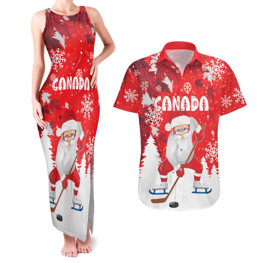 Canada Christmas Couples Matching Tank Maxi Dress and Hawaiian Shirt Santa Play Hockey - Winter Forest - Wonder Print Shop