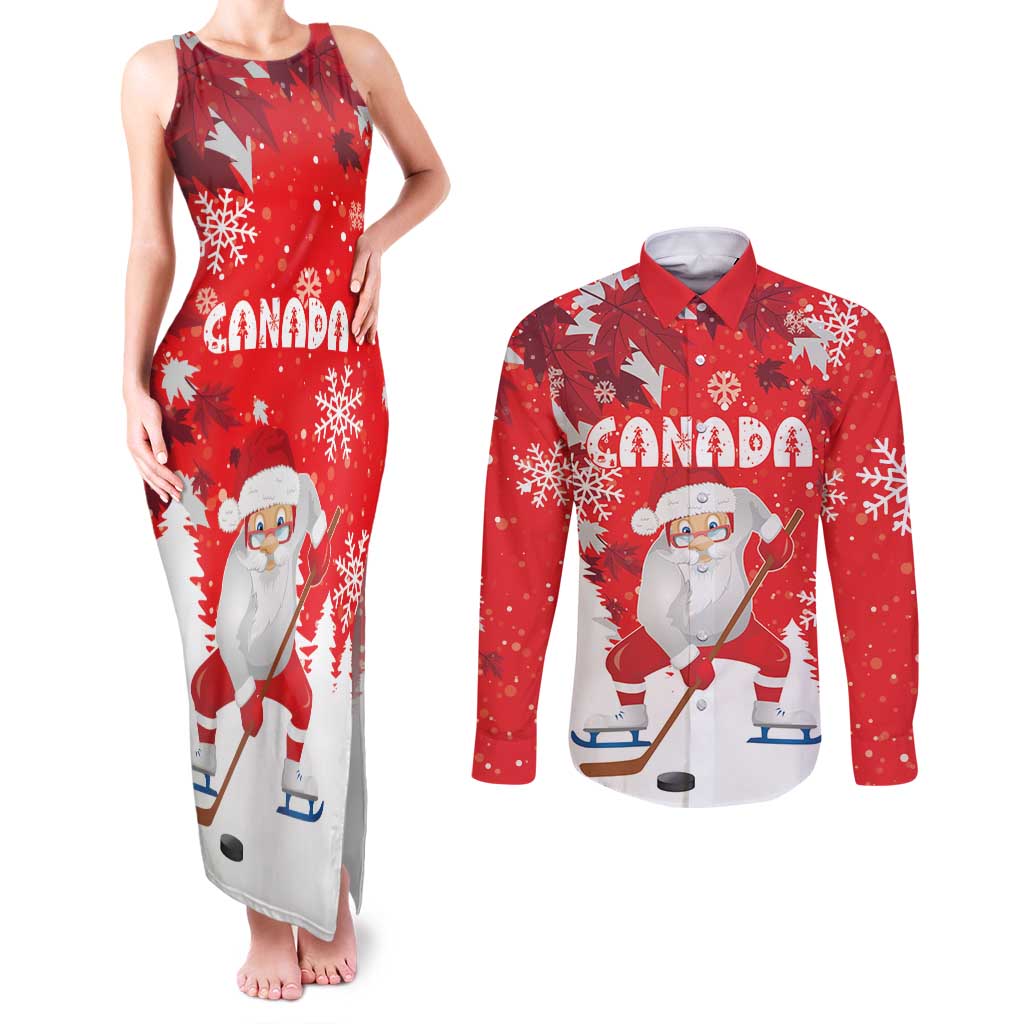 Canada Christmas Couples Matching Tank Maxi Dress and Long Sleeve Button Shirt Santa Play Hockey - Winter Forest - Wonder Print Shop