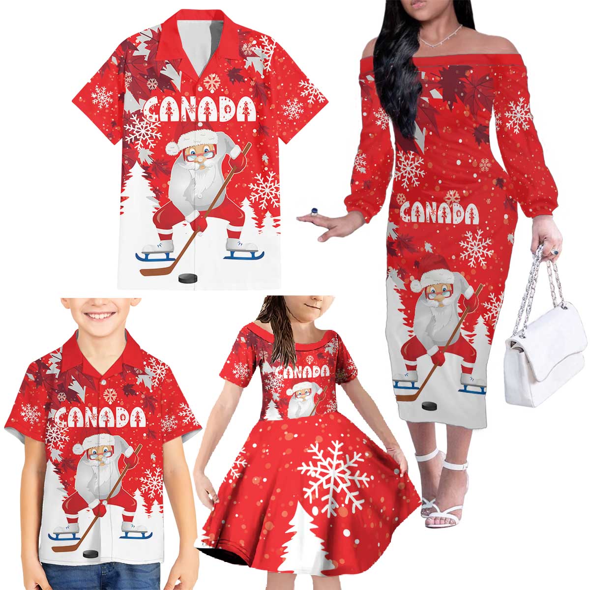 Canada Christmas Family Matching Off The Shoulder Long Sleeve Dress and Hawaiian Shirt Santa Play Hockey - Winter Forest - Wonder Print Shop