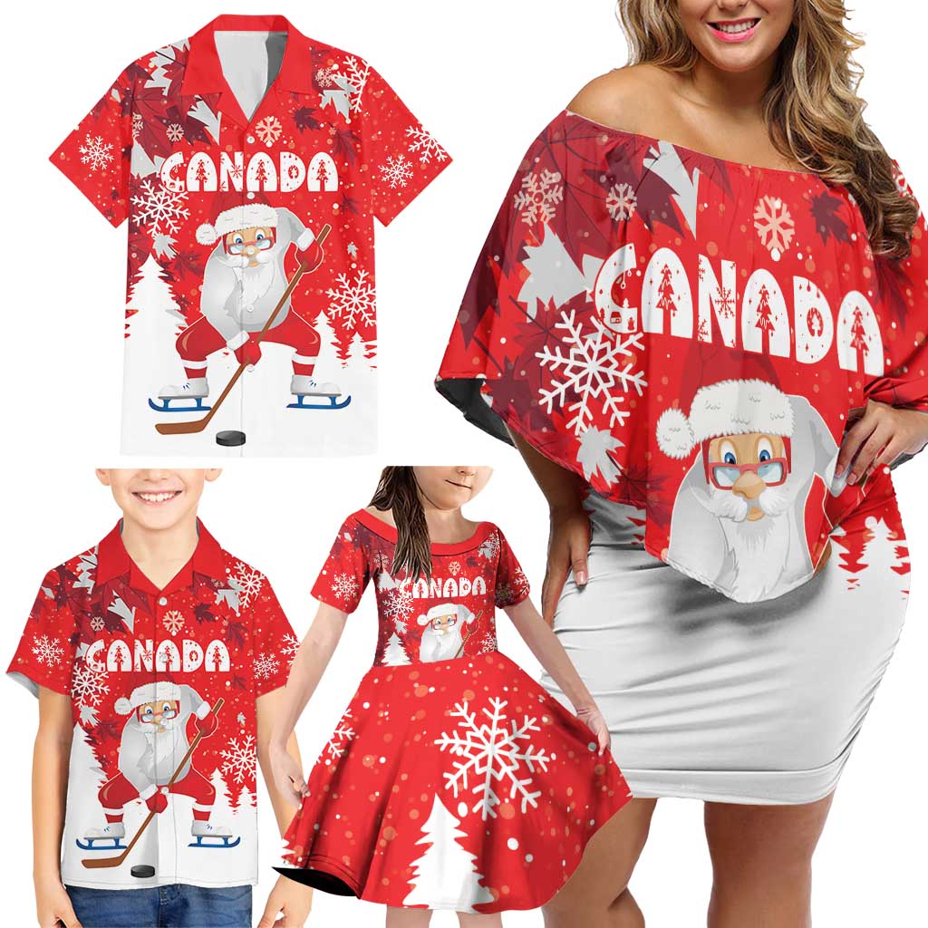 Canada Christmas Family Matching Off Shoulder Short Dress and Hawaiian Shirt Santa Play Hockey - Winter Forest - Wonder Print Shop