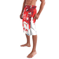 Red Santa hockey themed lavalava wrap skirt with snowflake print and elastic waistband