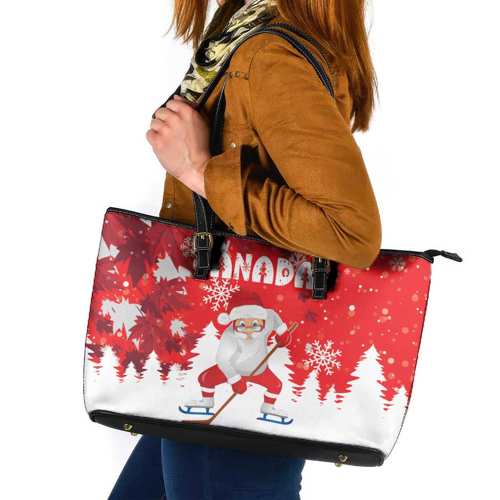 Canada Christmas Leather Tote Bag Santa Play Hockey - Winter Forest - Wonder Print Shop