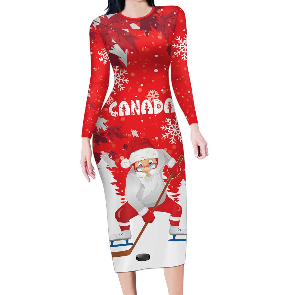 Canada Christmas Long Sleeve Bodycon Dress Santa Play Hockey - Winter Forest - Wonder Print Shop