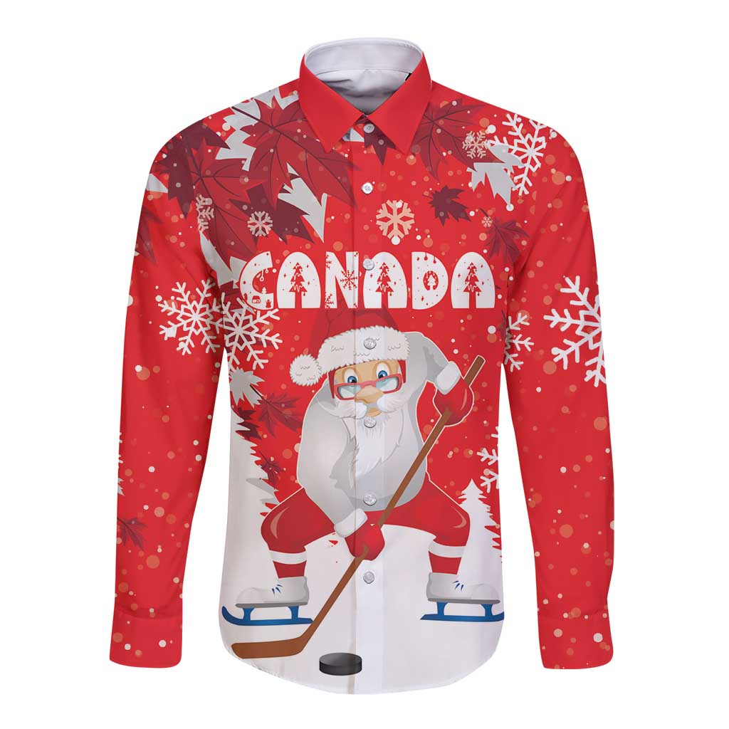 Red long sleeve button shirt with Santa, Canada text, and snowflake graphics.