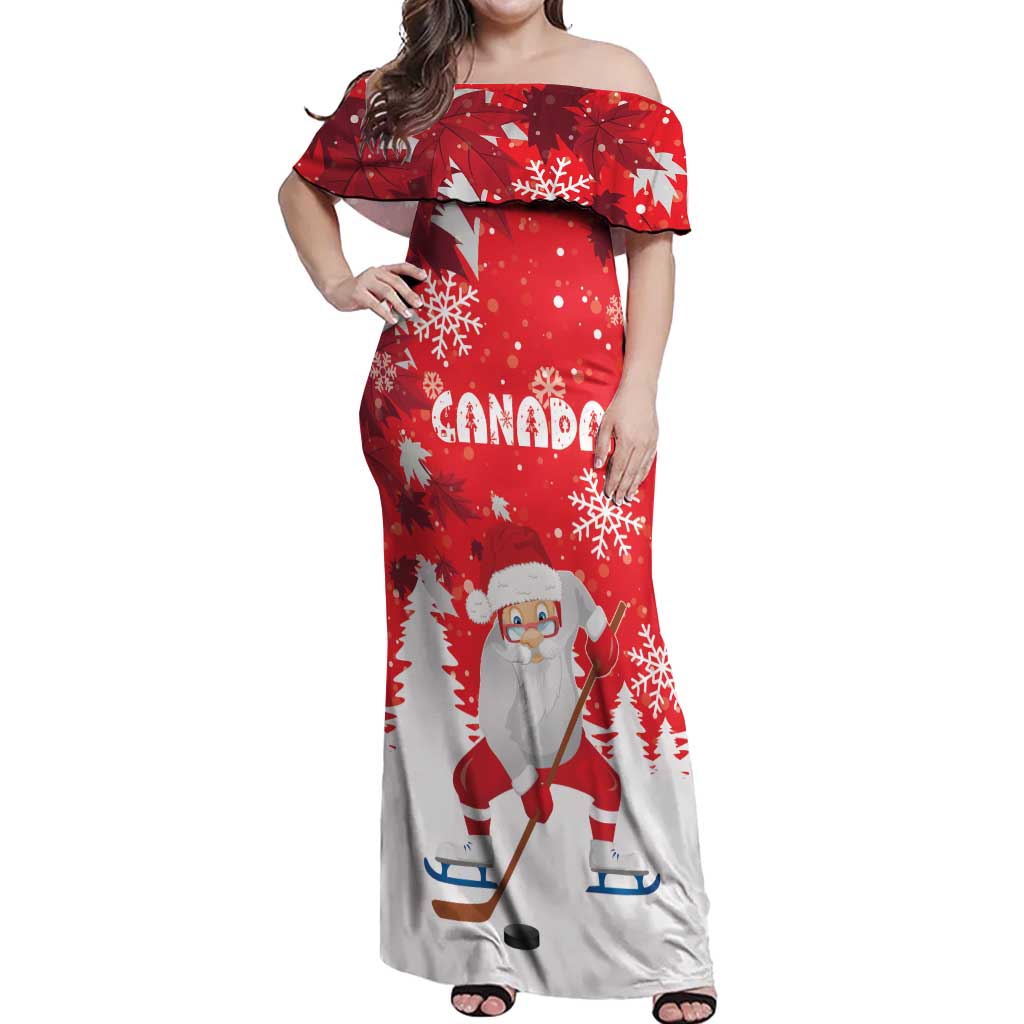 Canada Christmas Off Shoulder Maxi Dress Santa Play Hockey - Winter Forest - Wonder Print Shop