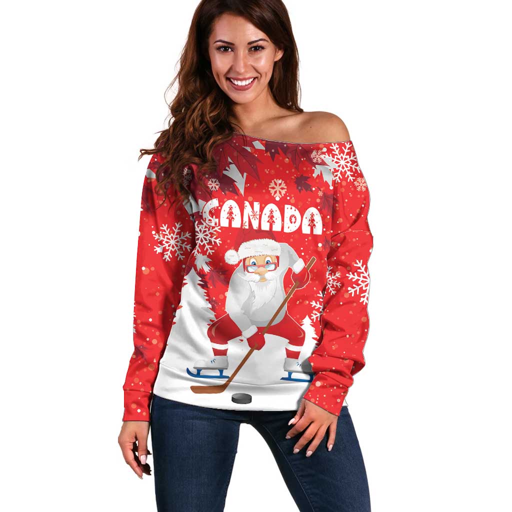 Canada Christmas Off Shoulder Sweater Santa Play Hockey - Winter Forest - Wonder Print Shop