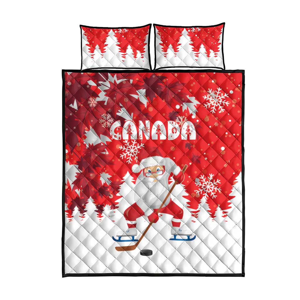 Red quilt bed set with Canada text, Santa hockey graphic, two matching pillow shams