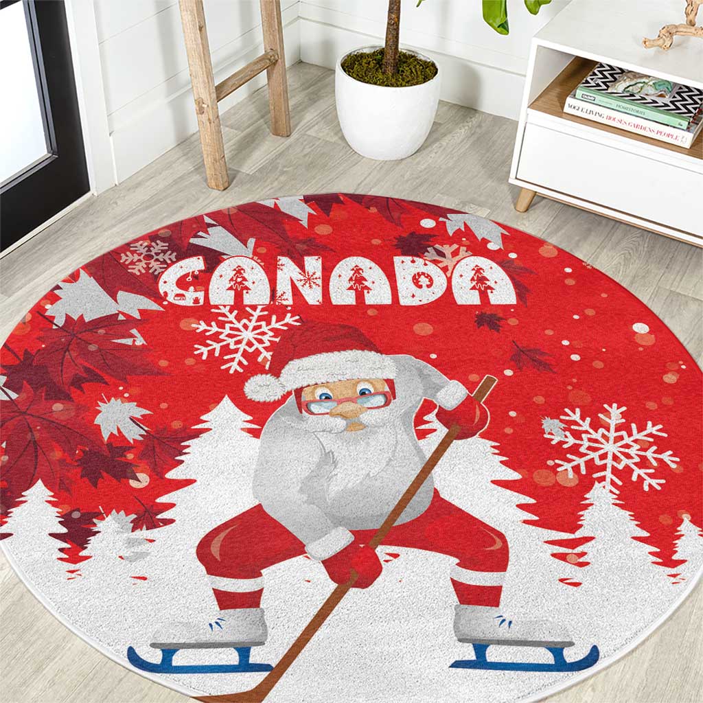 Red round Christmas rug with Santa skating, snowflakes, and “NOEL” lettering