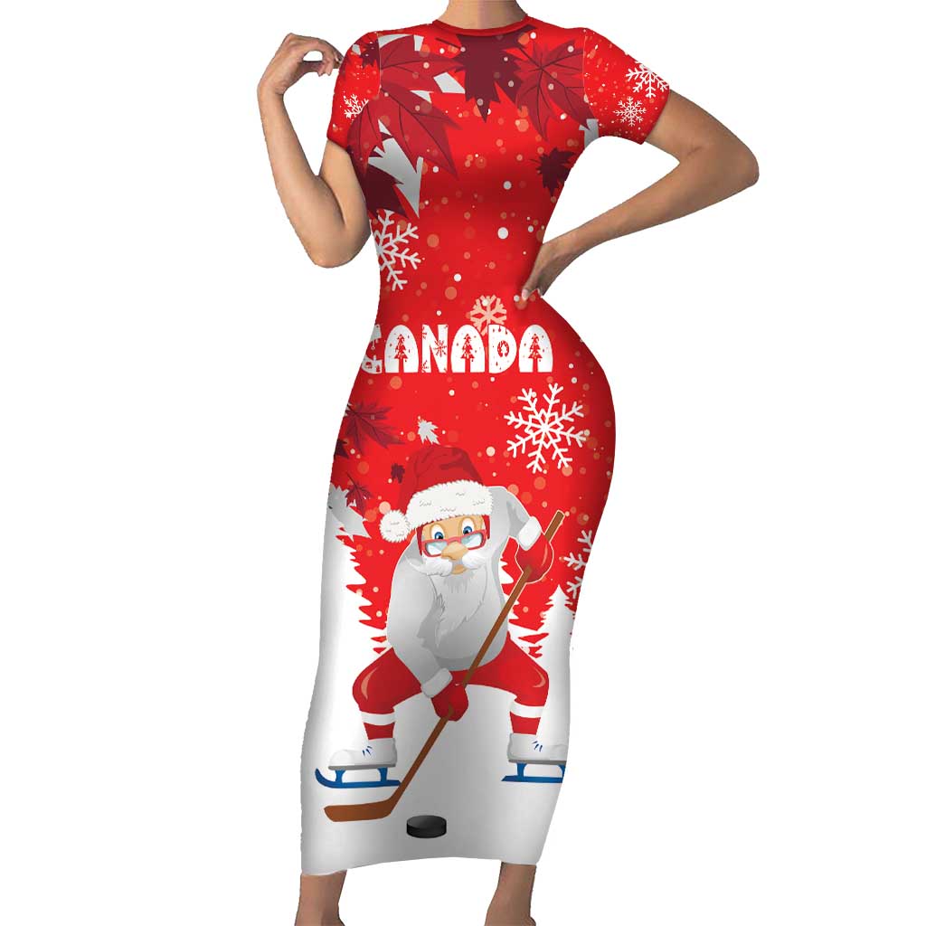 Canada Christmas Short Sleeve Bodycon Dress Santa Play Hockey - Winter Forest