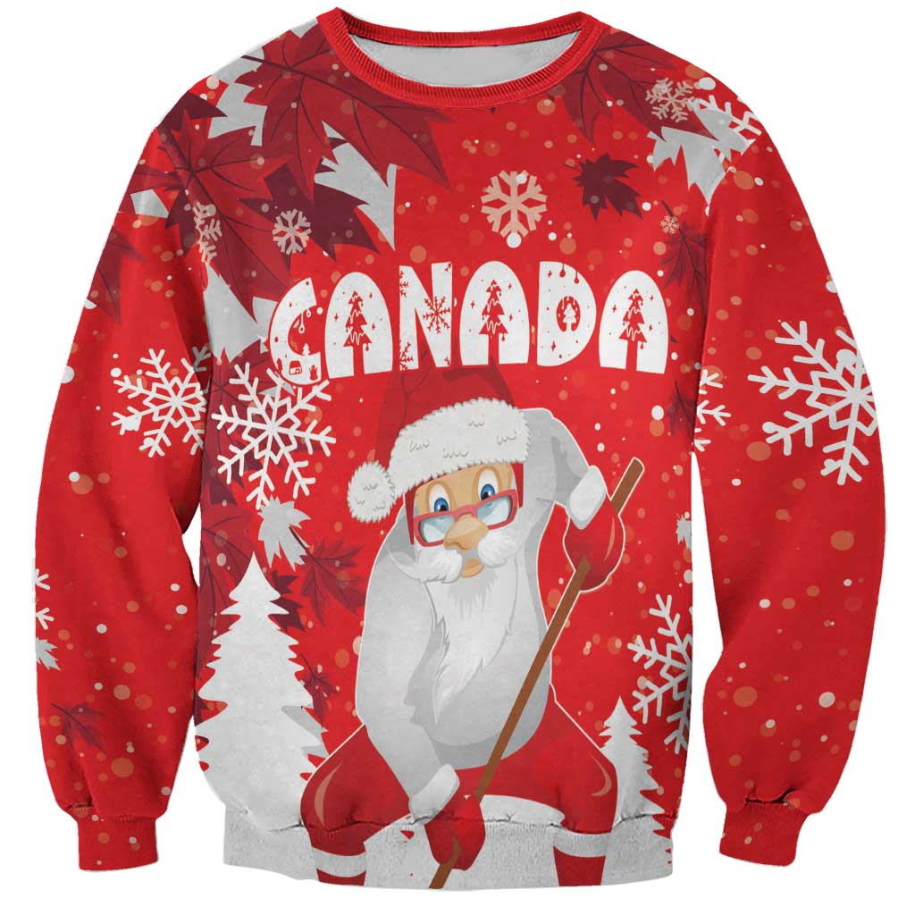 Red unisex Christmas sweatshirt with Santa holding a hockey stick and 'Canada' text