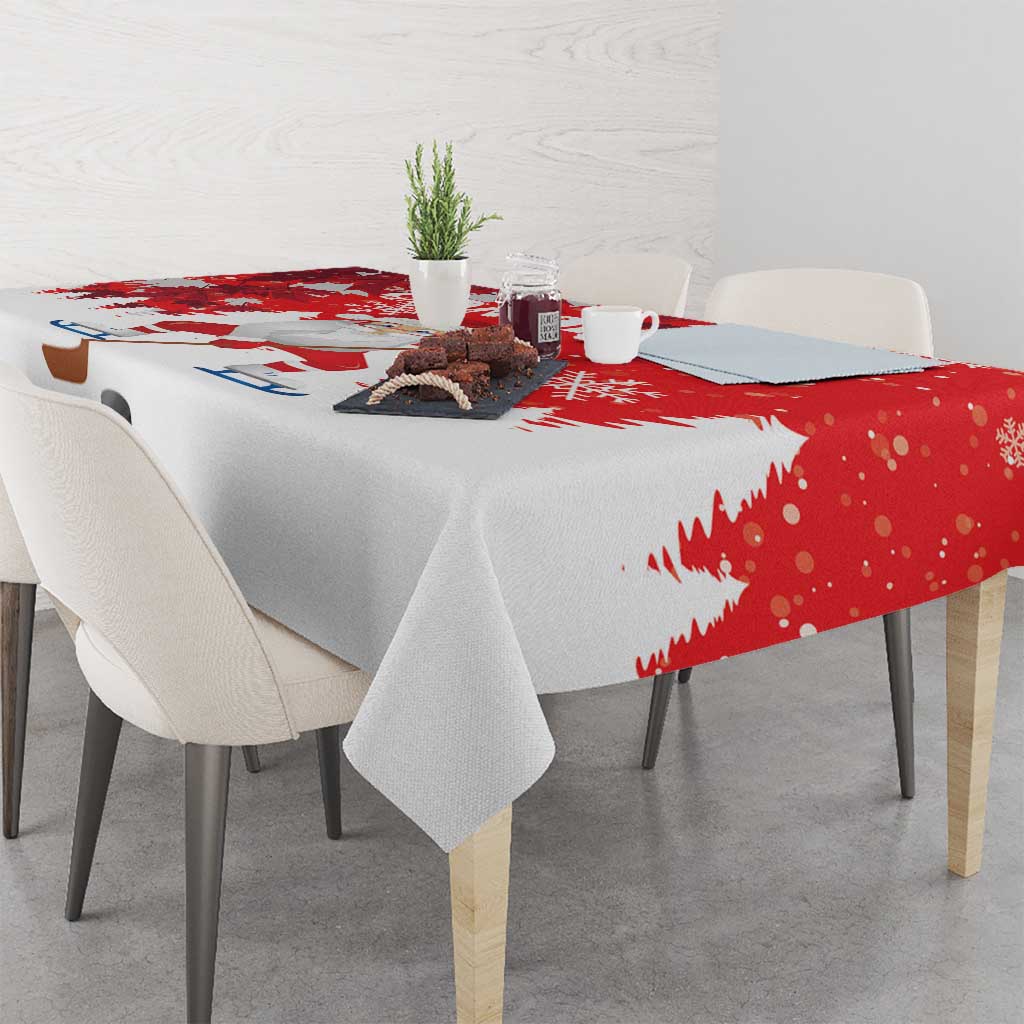 Red and white Christmas tablecloth with Santa hockey and winter forest scene print