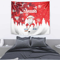 Red Canada Christmas tapestry with Santa in hockey gear, snowy trees and snowflake patterns