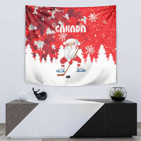 Canada winter tapestry on wall: Santa playing hockey, red forest with snowflakes