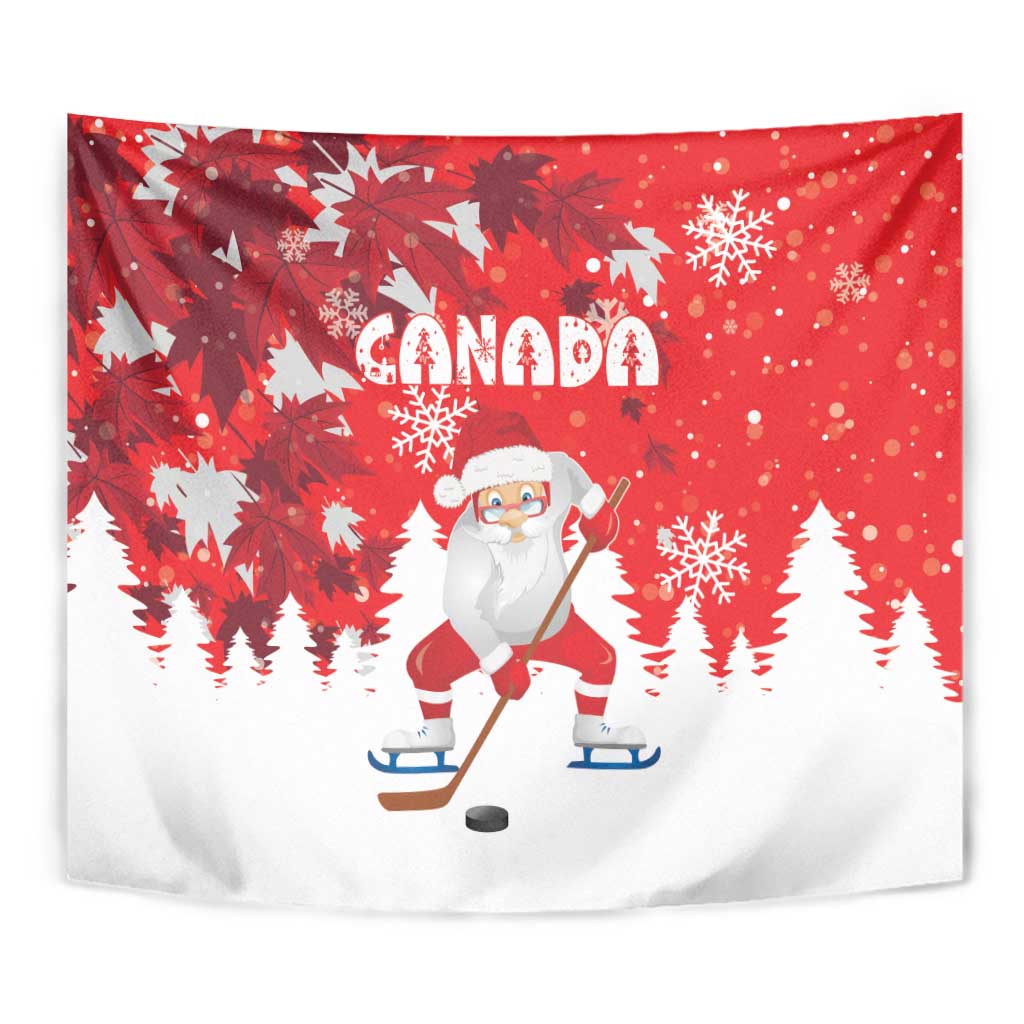 Red hanging tapestry with Canada wordmark, Santa on skates, hockey puck and snowy trees