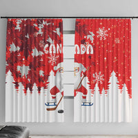 Red and white holiday window curtain panels with Santa playing hockey and snowflakes