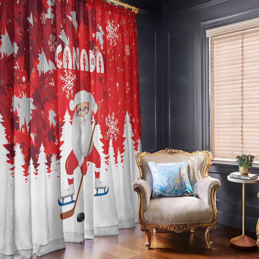 Red and white holiday curtain panel with Santa figure, snowflakes, and pine tree silhouettes